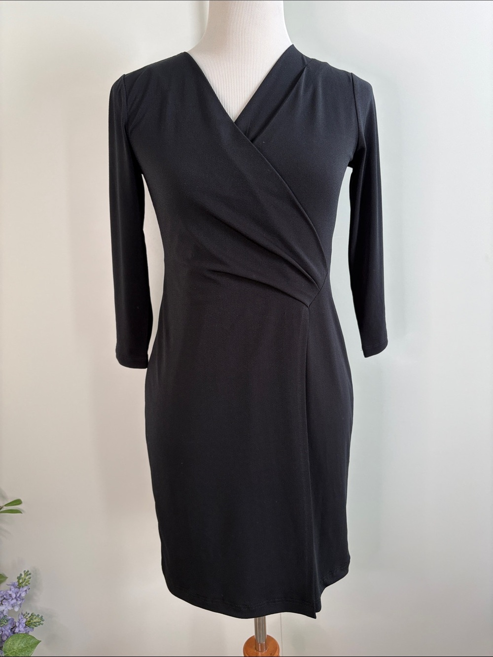 Talbots Black 3/4 Sleeve Faux-Wrap Sheath Dress P